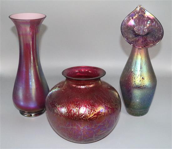 3 iridescent glass vases